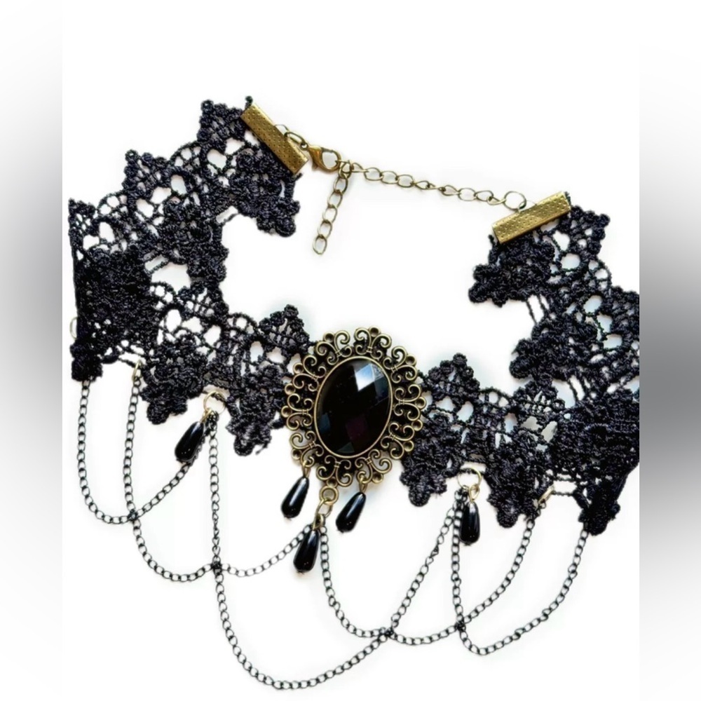 New Vintage Choker Necklace Black Sapphire Gothic - Picture 5 of 8
